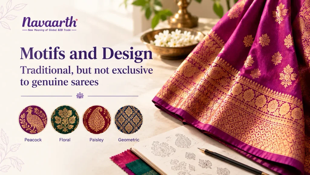 Traditional motifs and designs on a Kanjivaram silk saree

