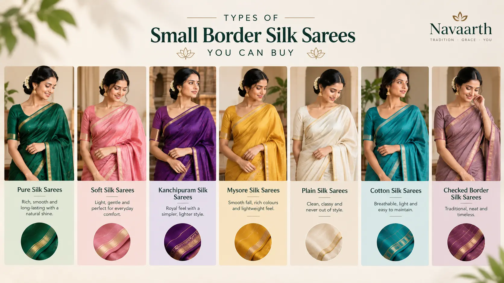 Different types of small border silk sarees for women